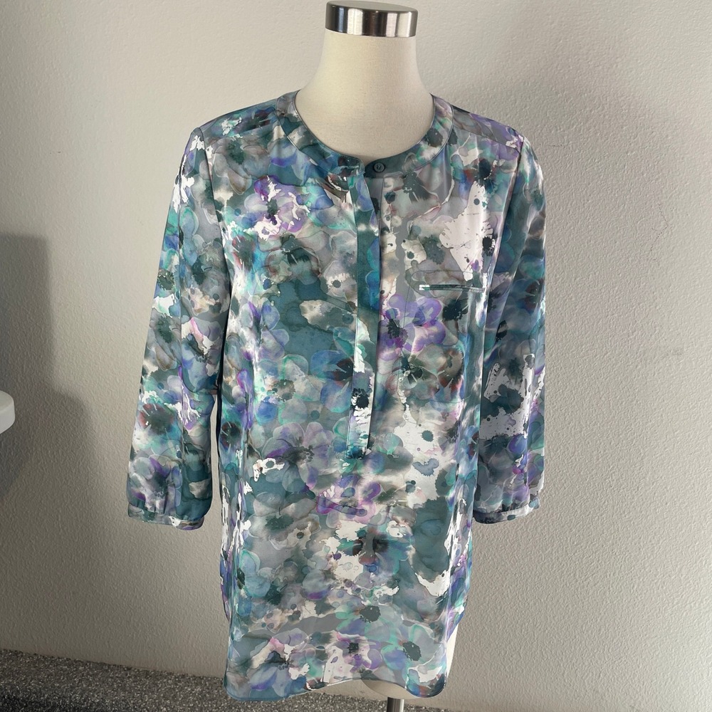 NYDJ Womens Medium Watercolor Floral Blouse Teal Blue Purple 3/4 Sleeve Tunic‎